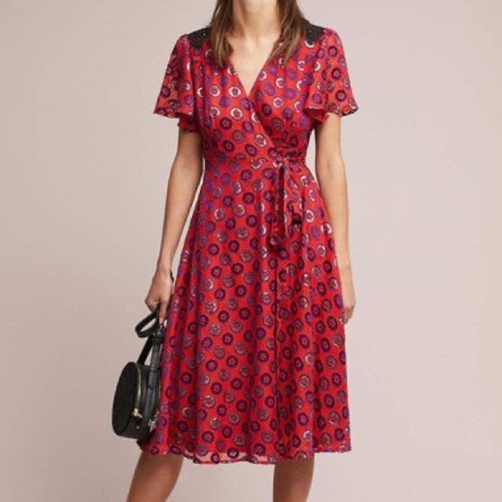 Kopal Anthropologie Adria Wrap Dress VNeck Flutter Sleeve Red Women’s Small